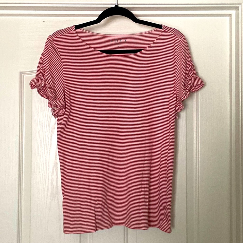 Loft shirt. Medium size with white and red stripes. Contains ruffled sleeves.